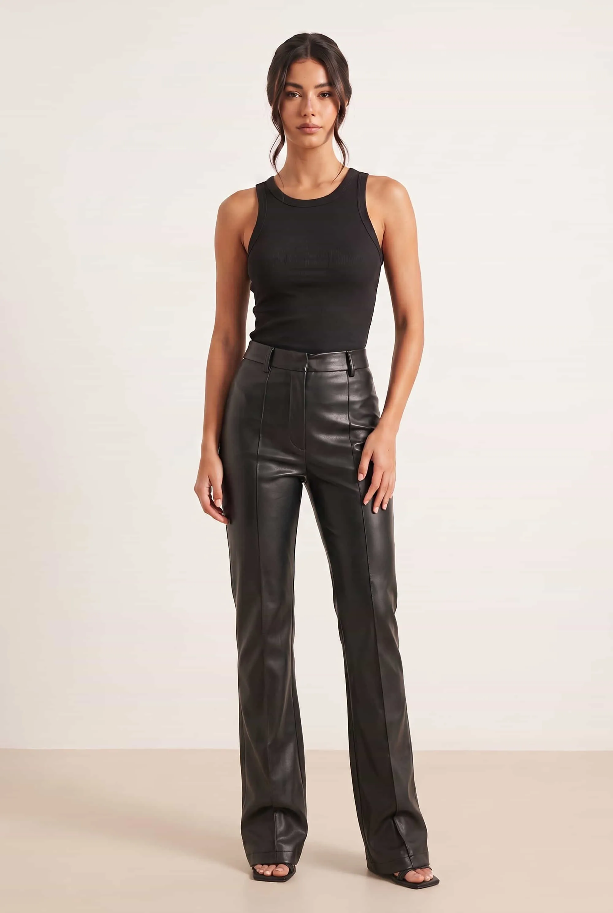 Celana Alyssa PU Flare Trouser Black Faux Leather dari Joy368