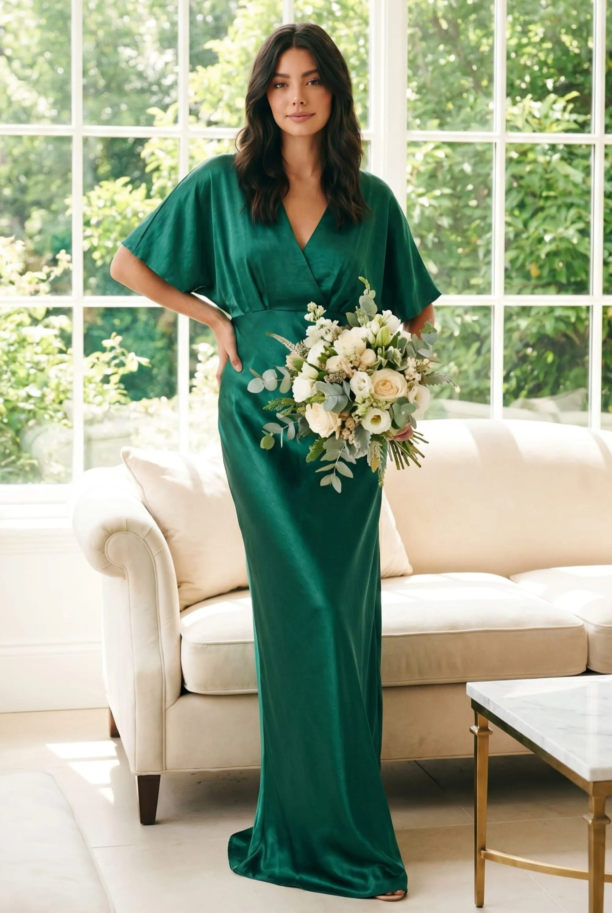 Angel Sleeve Maxi Satin Dress Emerald Green Joy368 tampak elegan