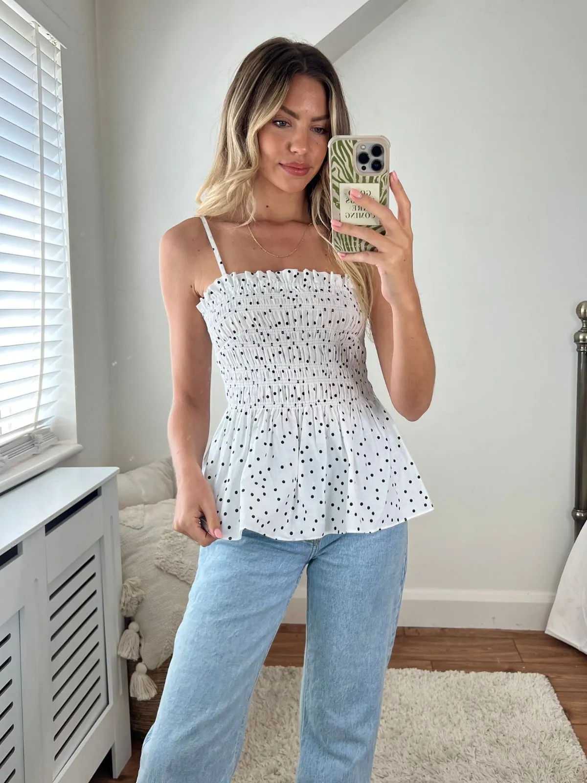 Ava Shirred Bandeau Peplum Top Mono Spot motif polkadot dari Joy368