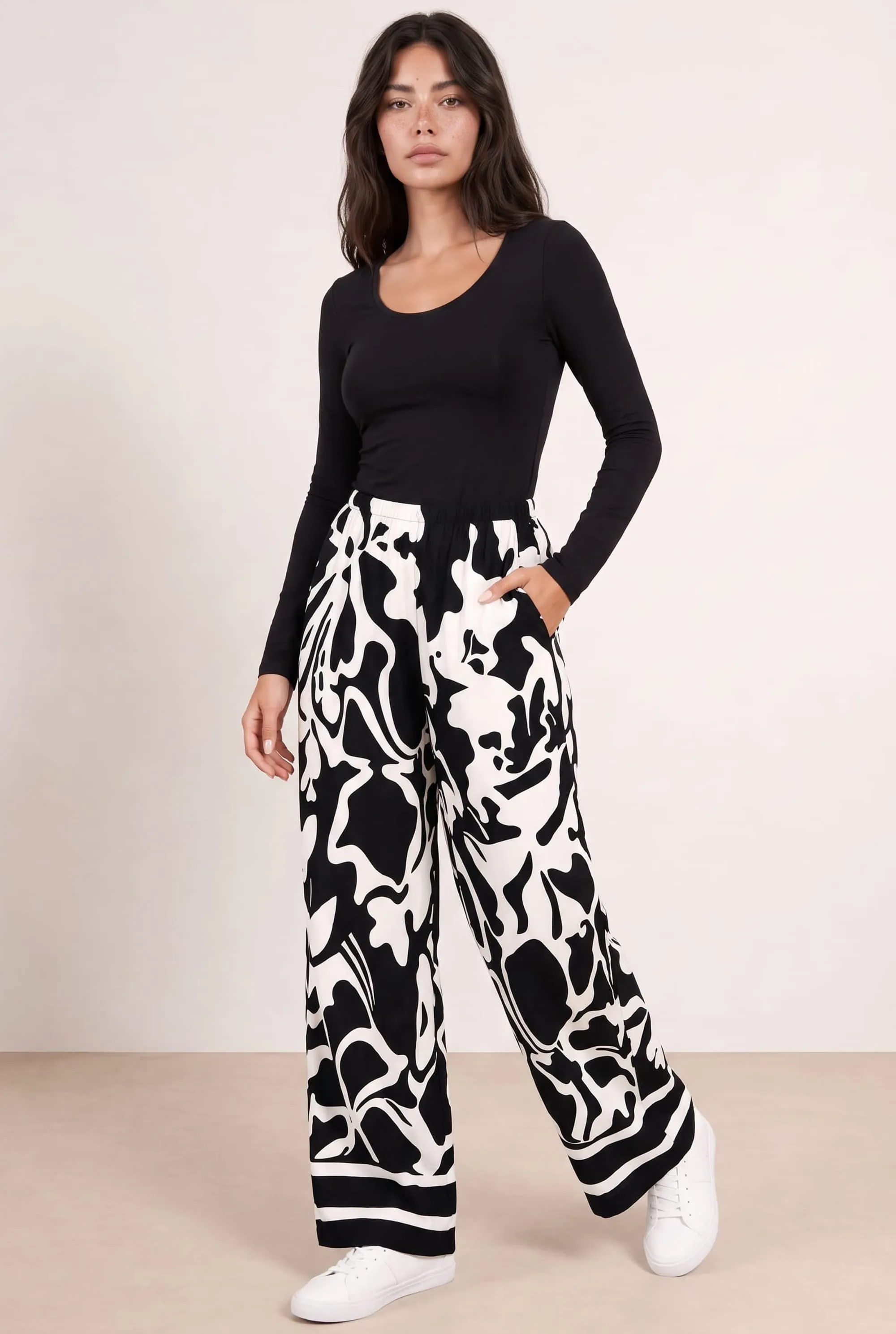Celana Panjang Black Mono Print Joy368 untuk Wanita