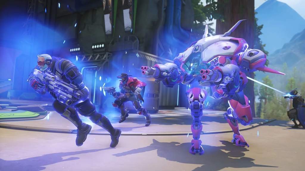 Tampilan visual karakter dalam game Overwatch di arena pertempuran