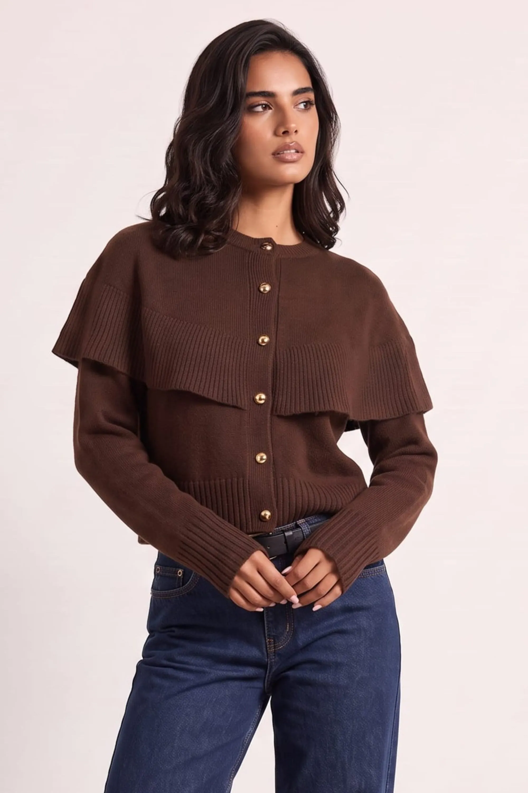 Chocolate Cape Frill Knit Cardigan wanita dari koleksi Joy368