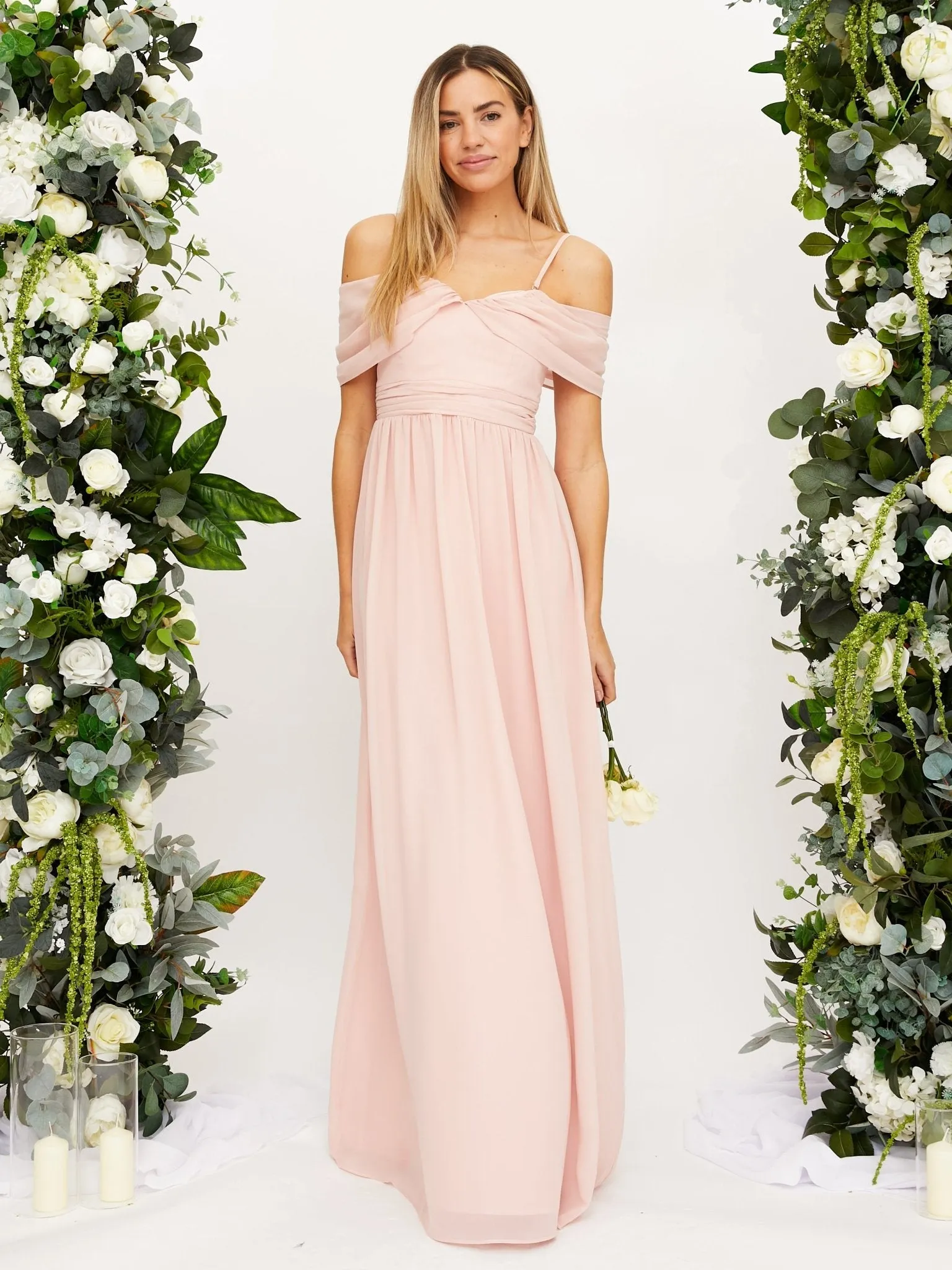 Cold Shoulder Maxi Chiffon Dress Blush elegan untuk koleksi fashion wanita Joy368