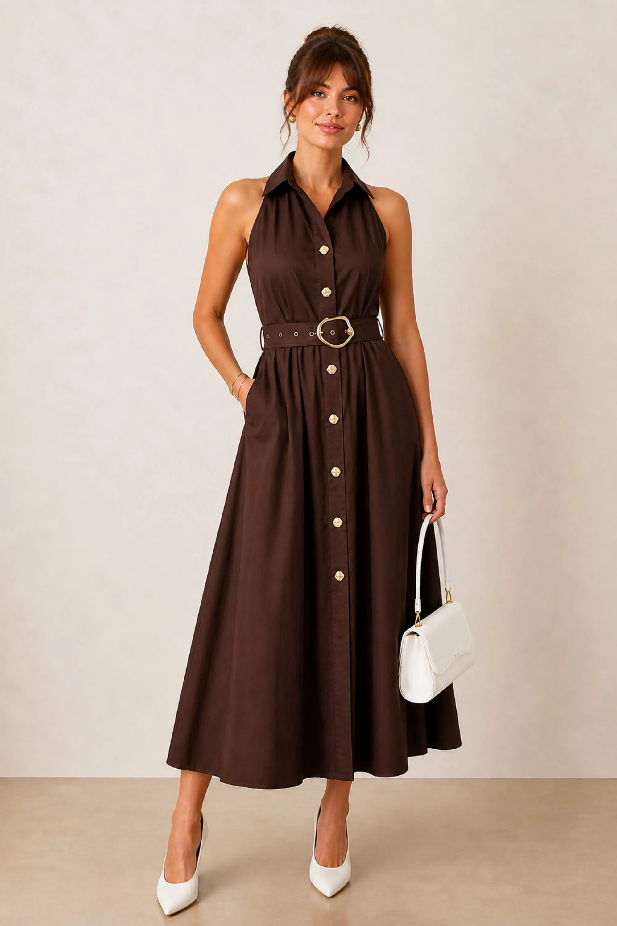 Cotton Racer Shirt Dress warna cokelat dari Joy368 dengan detail kerah dan sabuk pinggang