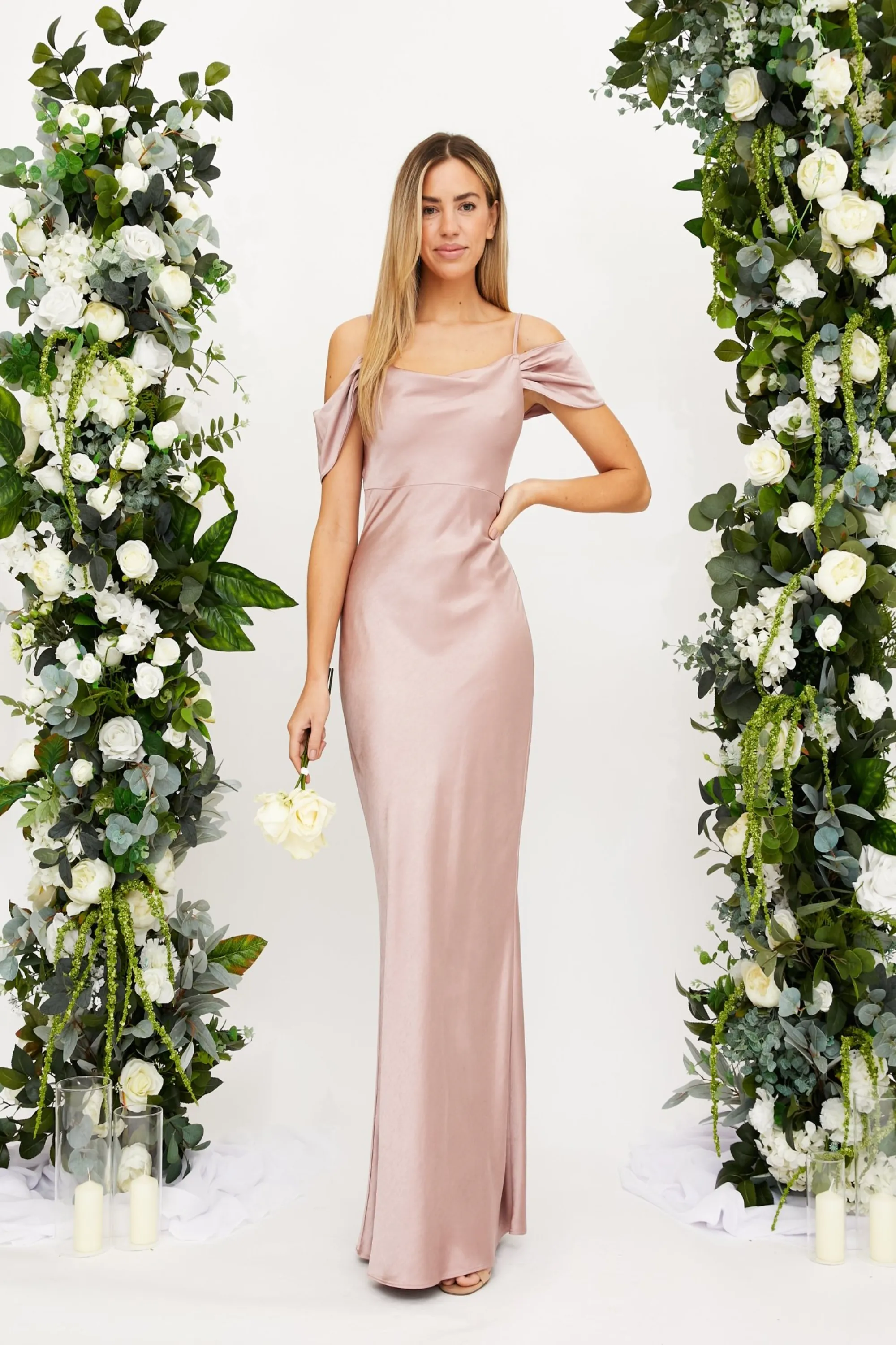Cowl Neck Maxi Satin Dress warna blush elegan koleksi eksklusif dari Joy368