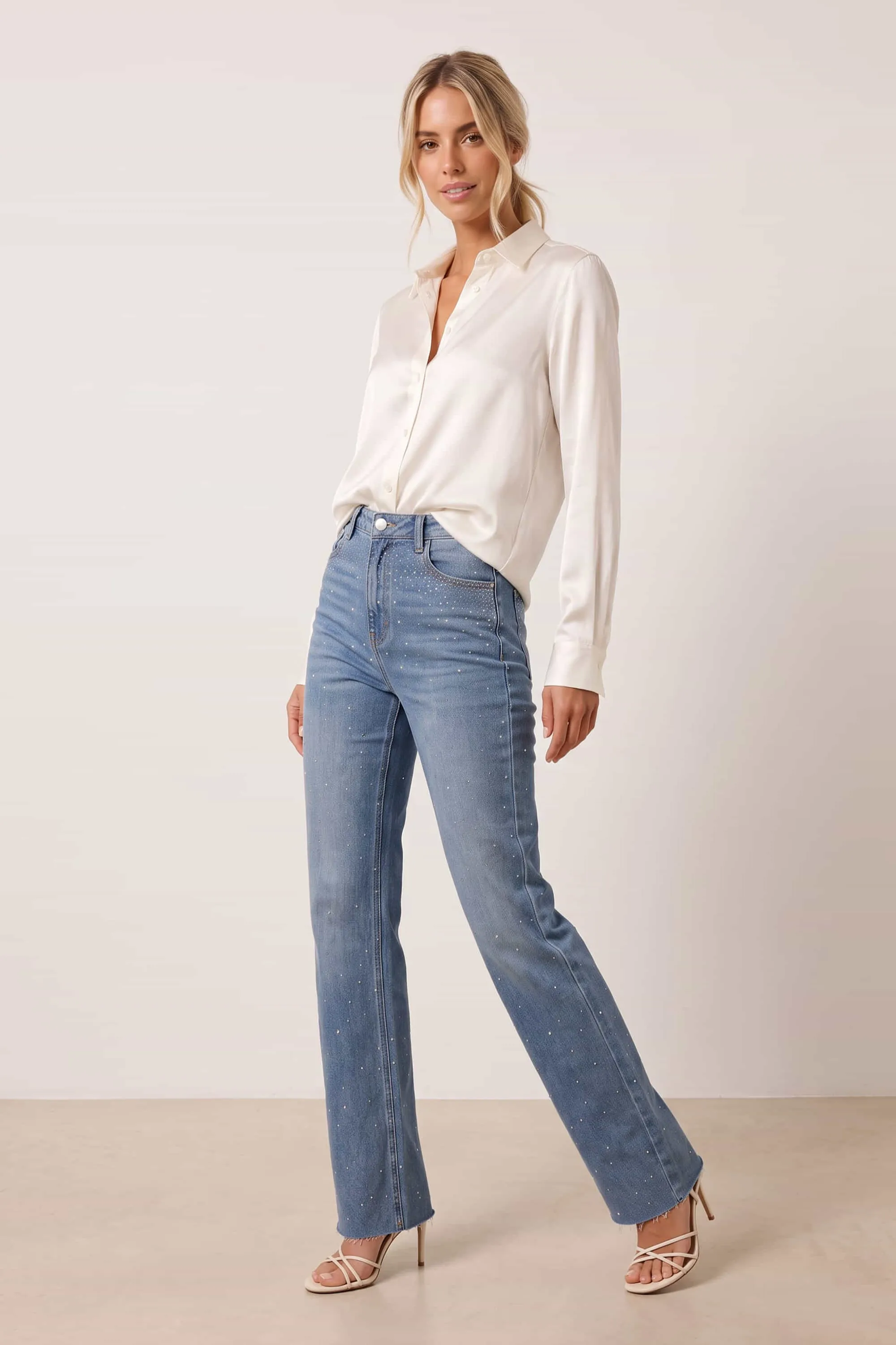 Celana denim wanita Embellished Hotfix Jean dengan detail rhinestone berkilau eksklusif dari Joy368