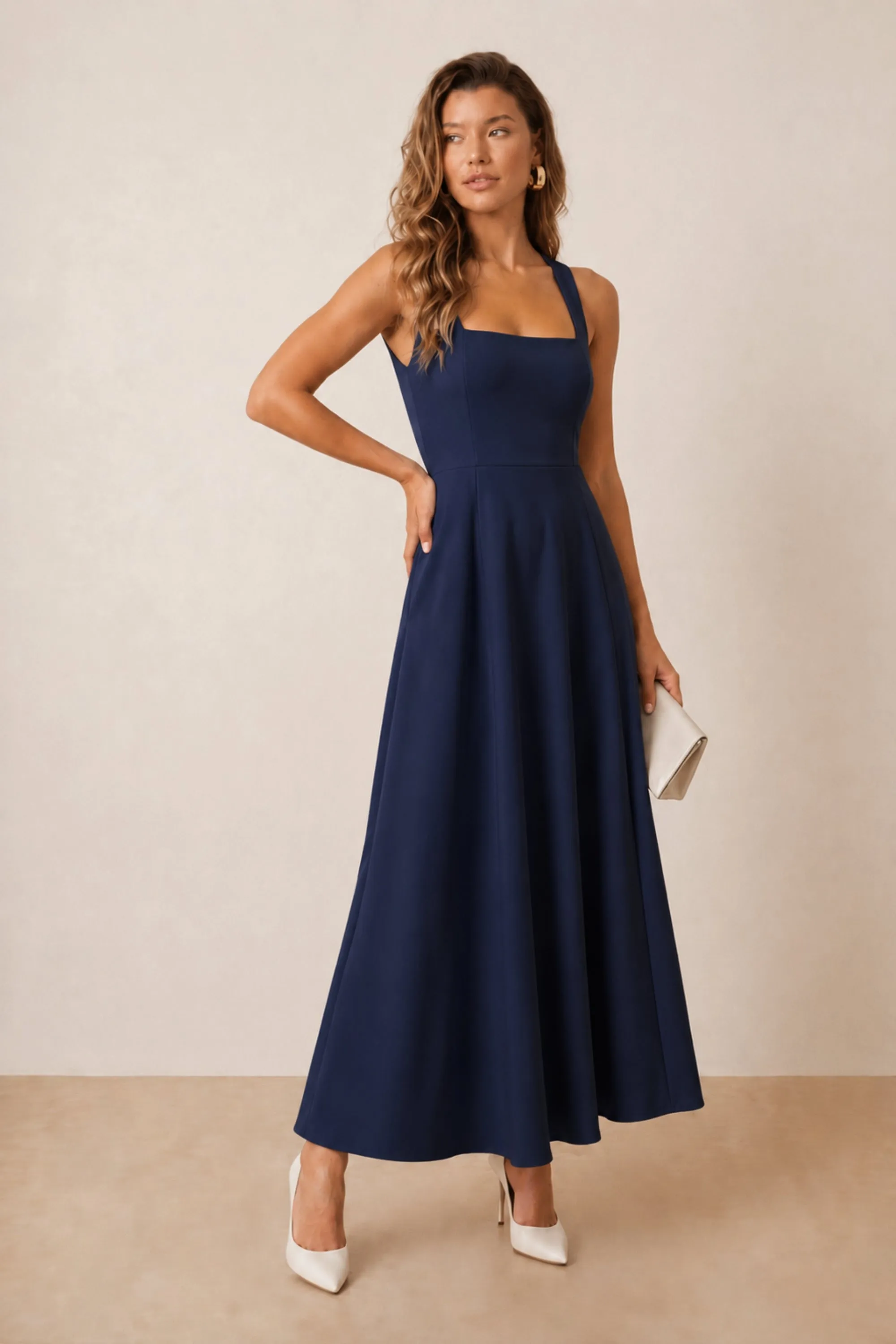 Fit and Flare Midi Dress Navy elegan dari koleksi Joy368 untuk acara formal dan kasual