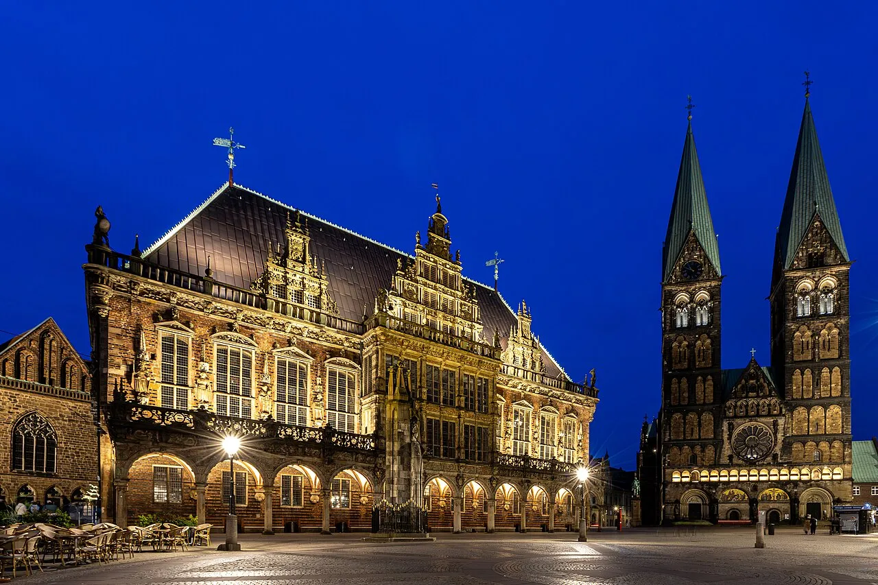 Bremen skyline and historic port architecture along the River Weser in Northern Germany