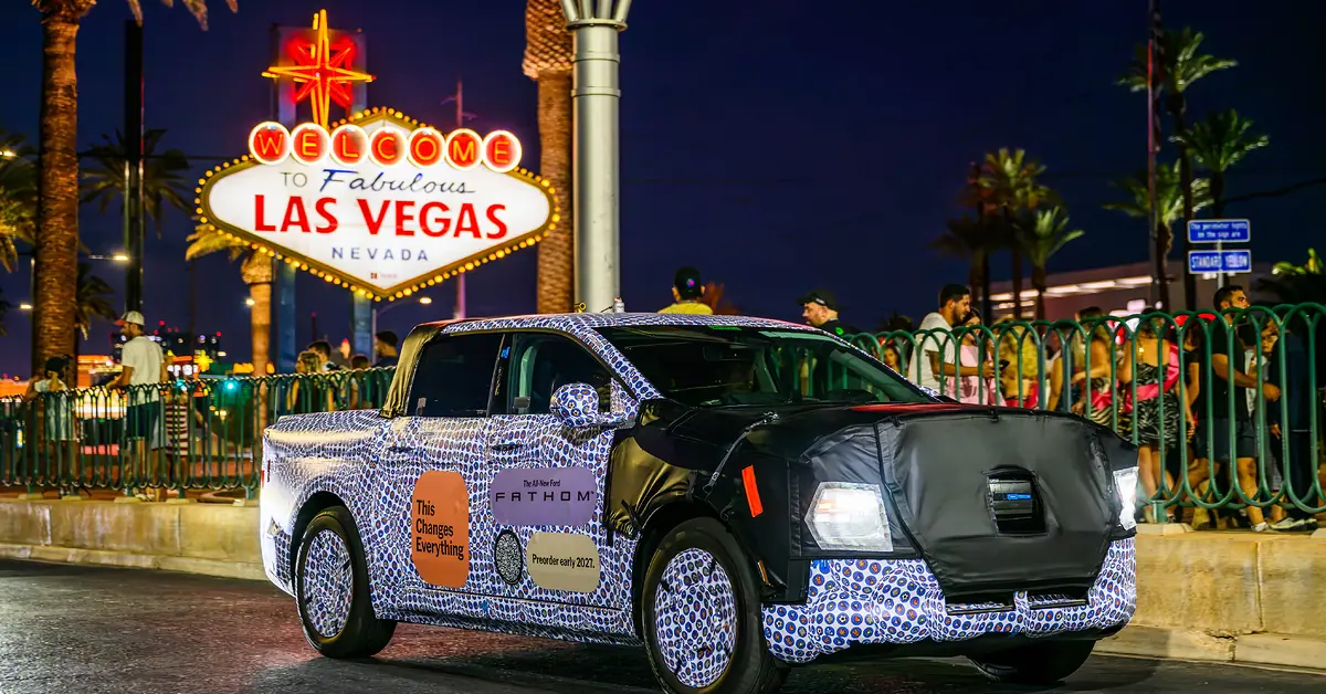 Ford showcases Fathom EV pickup truck during desert testing sessions in Las Vegas