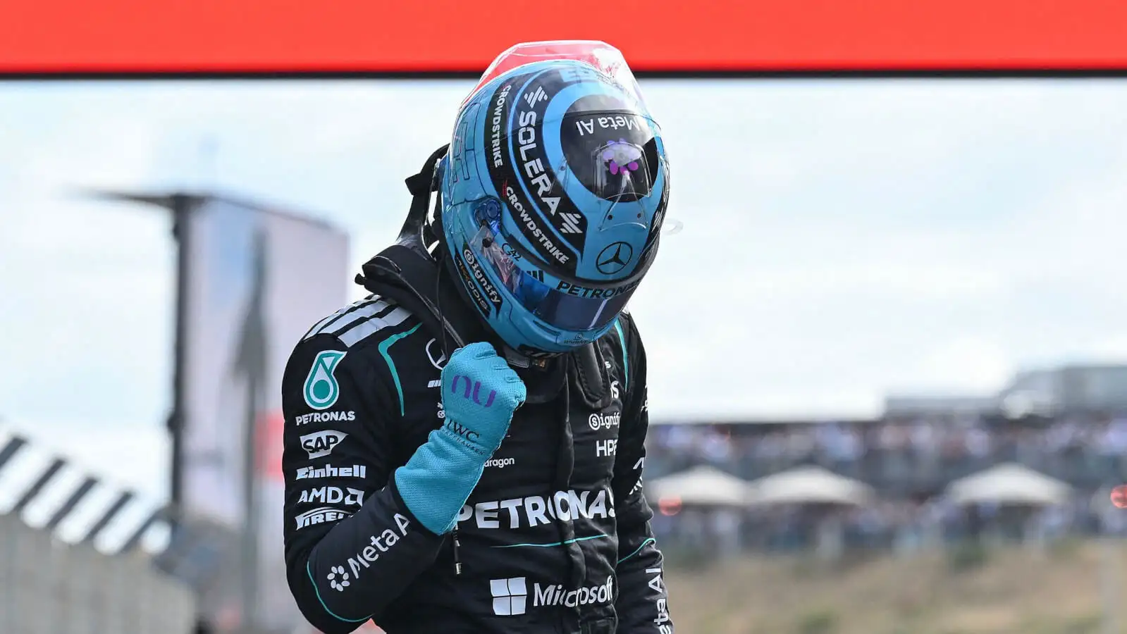 George Russell celebrates winning the Dutch Grand Prix Sprint at Zandvoort