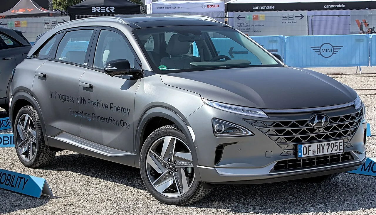 Hyundai Nexo hydrogen fuel cell crossover SUV showcased at international automotive exhibition