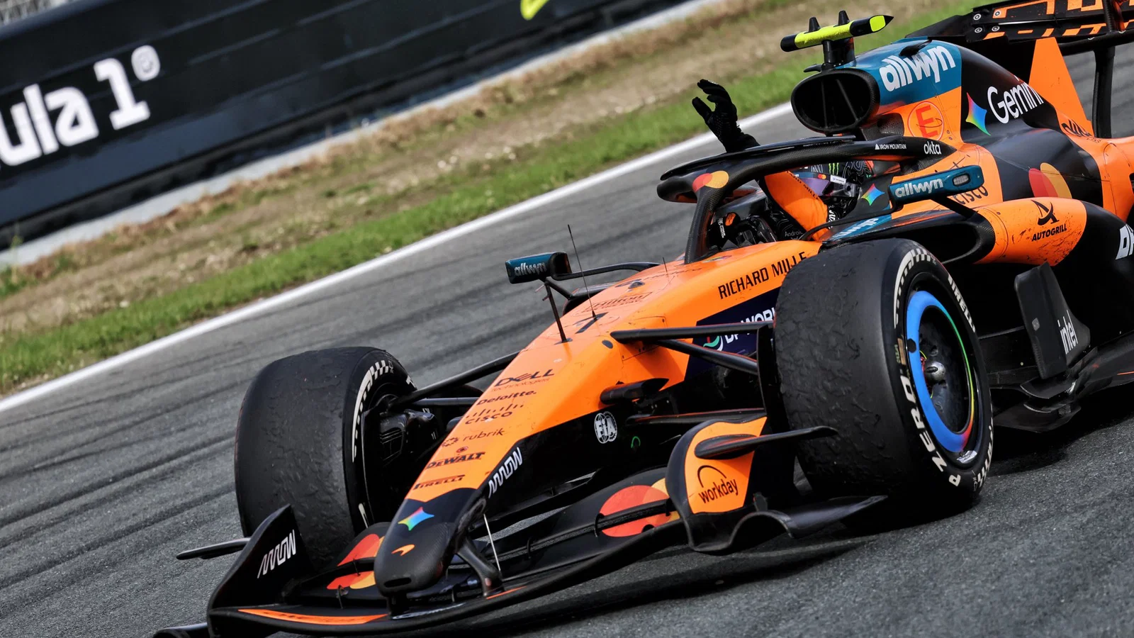 Lando Norris celebrates victory at the Dutch Grand Prix ahead of Kimi Antonelli