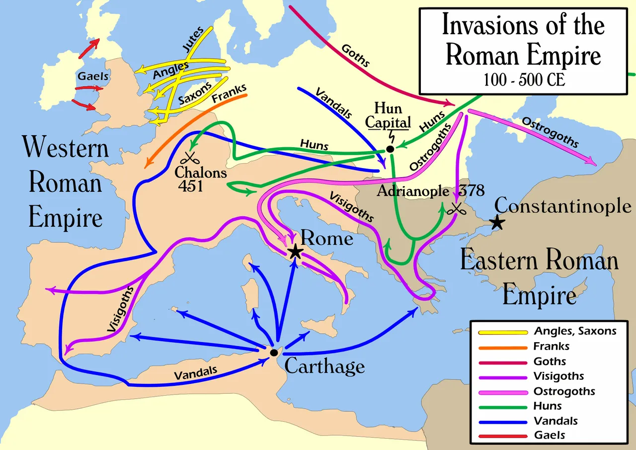 Map and historical overview of the Migration Period and barbarian invasions in Europe