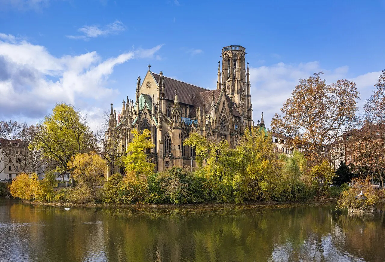 St. John's Church stands as a striking Gothic Revival landmark overlooking the Feuersee in Stuttgart