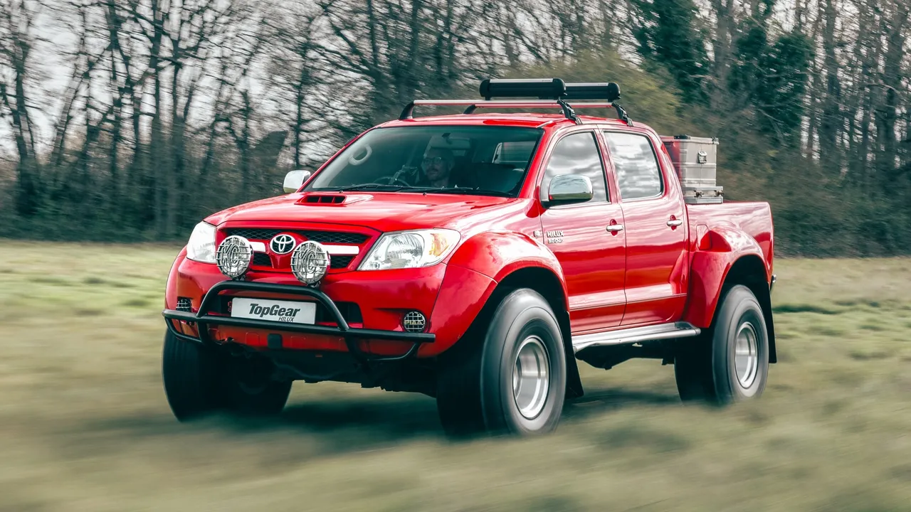 Top Gear Arctic Toyota Hilux driving through snowy terrain during its historic expedition