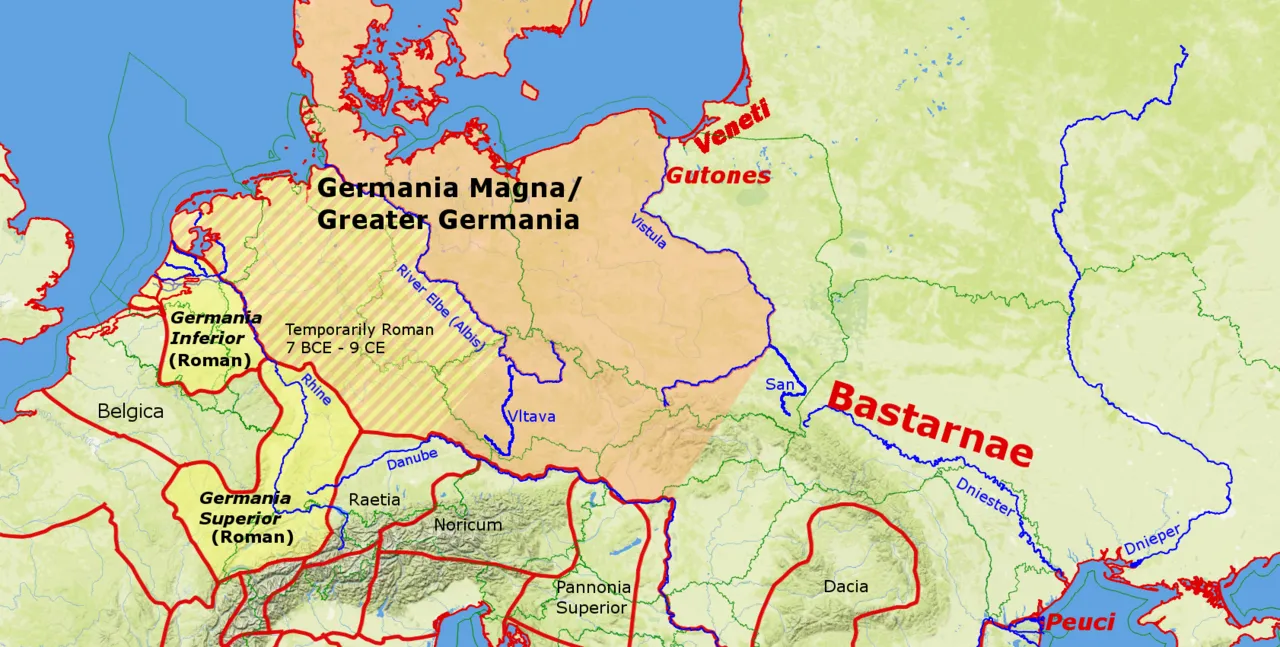 Ancient map and historical overview of Germania and Roman borderlands