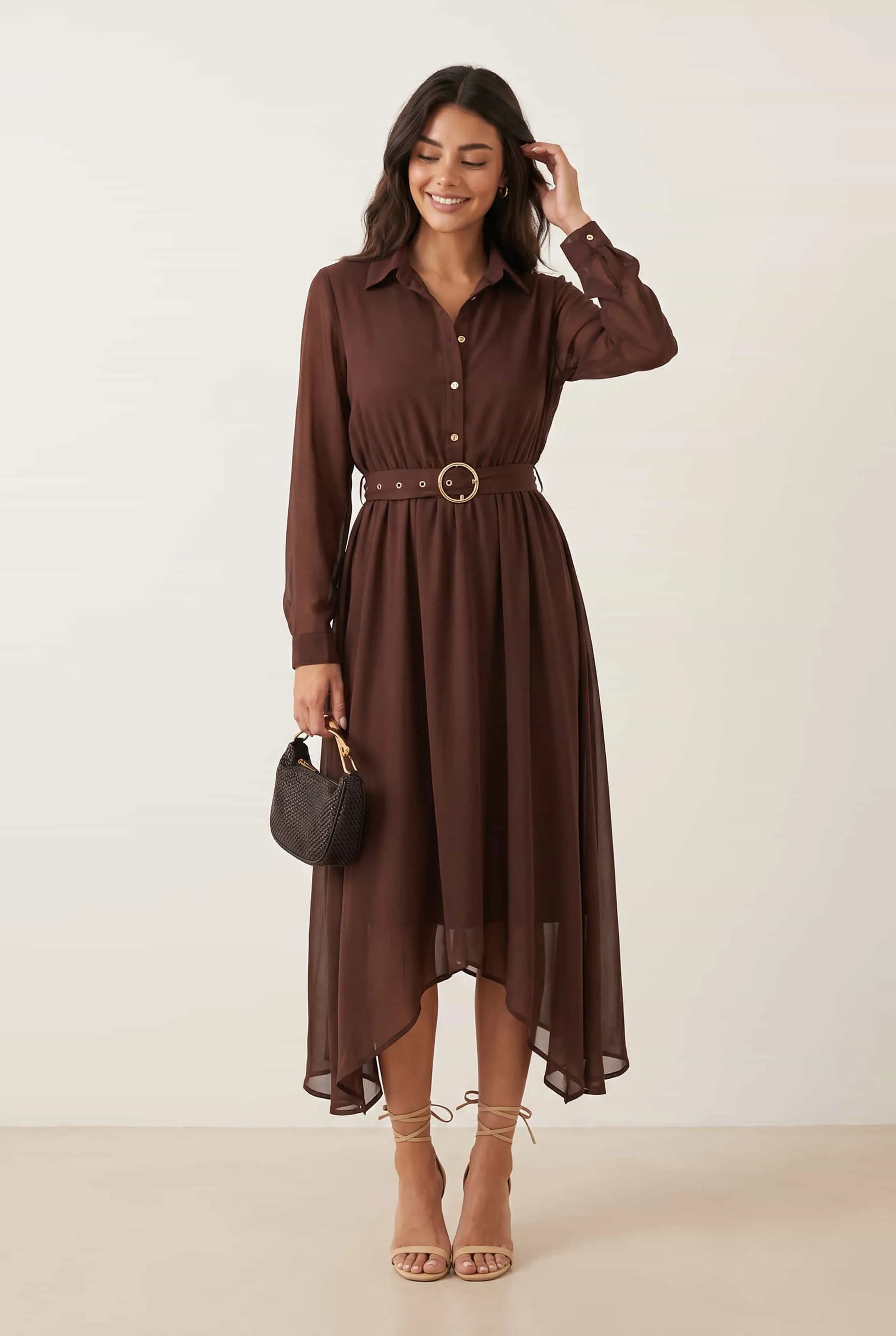 Hanky Hem Belted Dress lengan panjang warna coklat dari Joy368