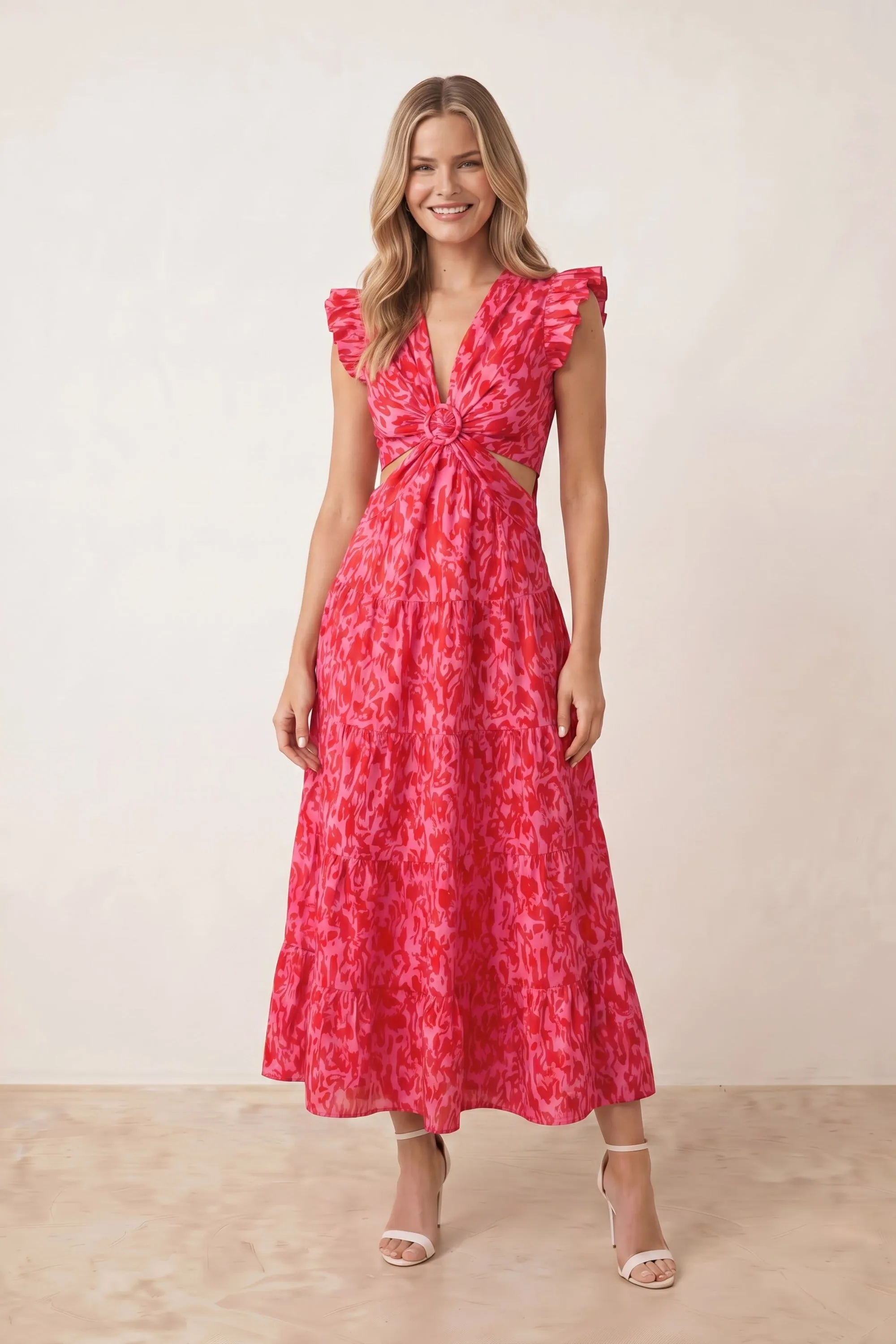 Indie Cut Out Frill Maxi Dress Red & Pink eksklusif di Joy368