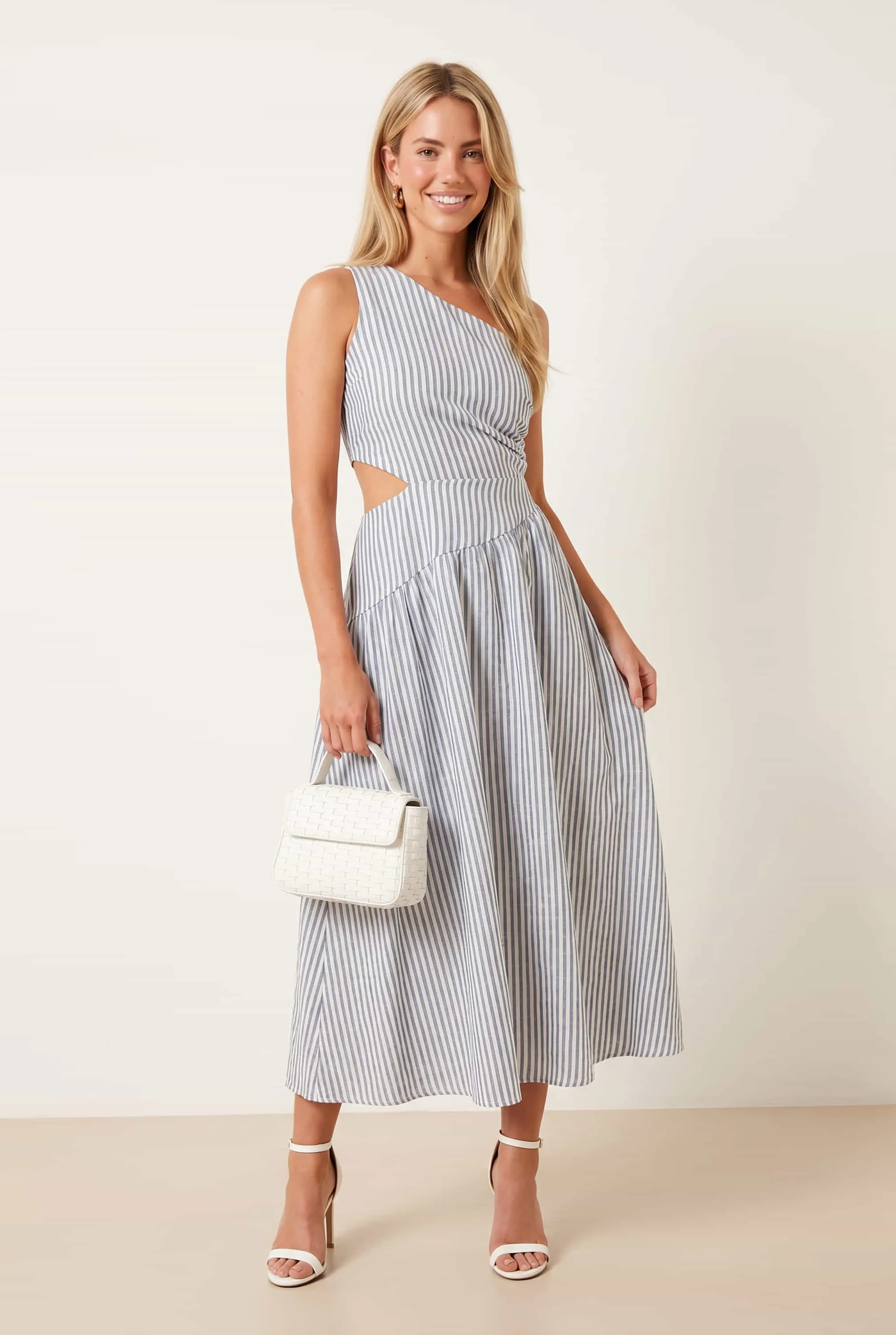 Jasmine Stripe Dress Blue elegan dari koleksi Joy368 untuk acara formal dan kasual