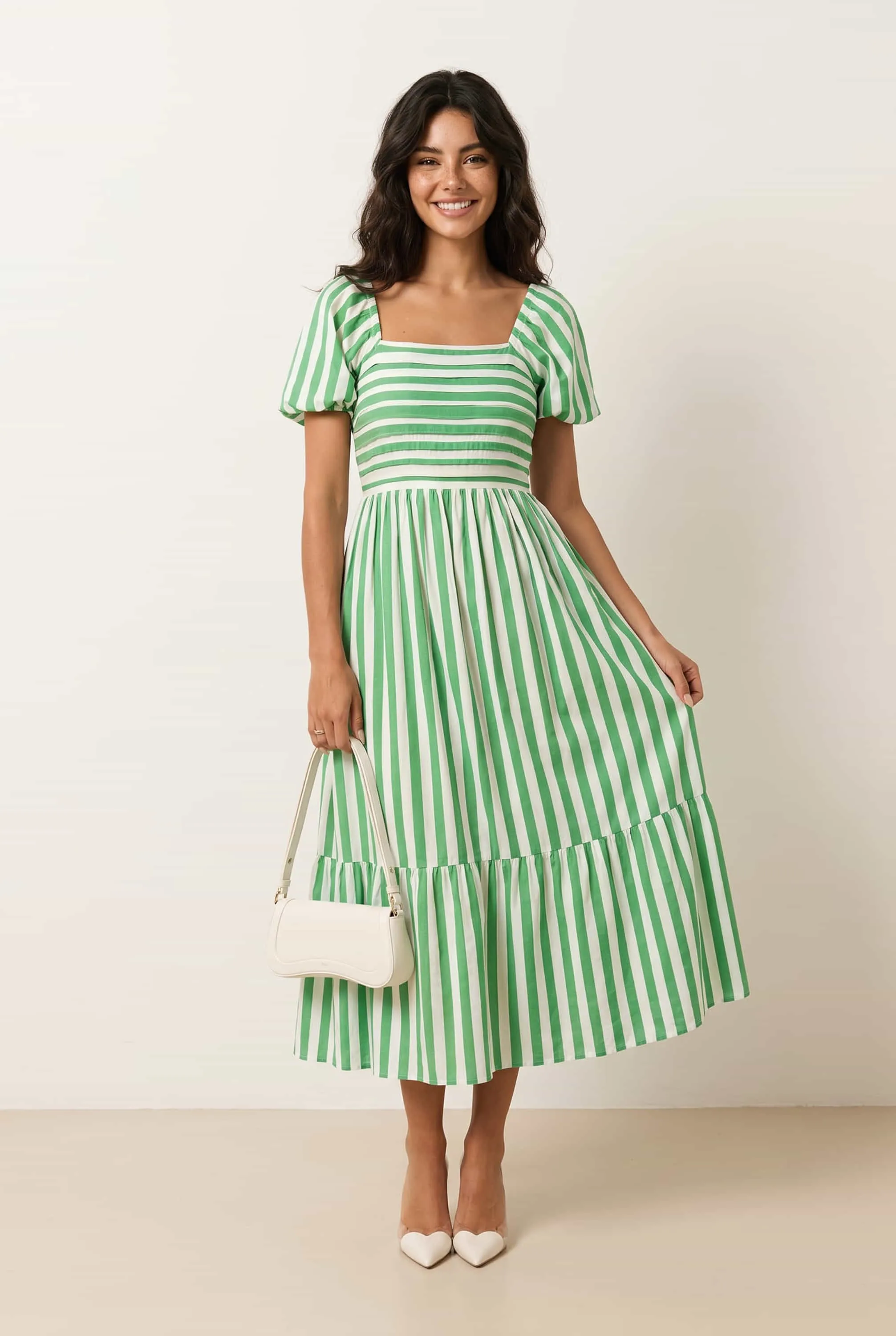 Leighton Puff Sleeve Midi Dress in Green Stripe koleksi Joy368