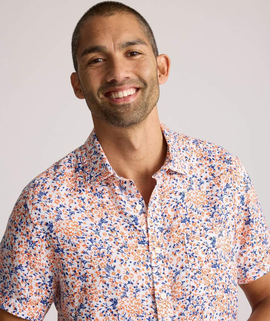 Linen Short-Sleeve Ellsworth Shirt - Orange & Blue Floral Print