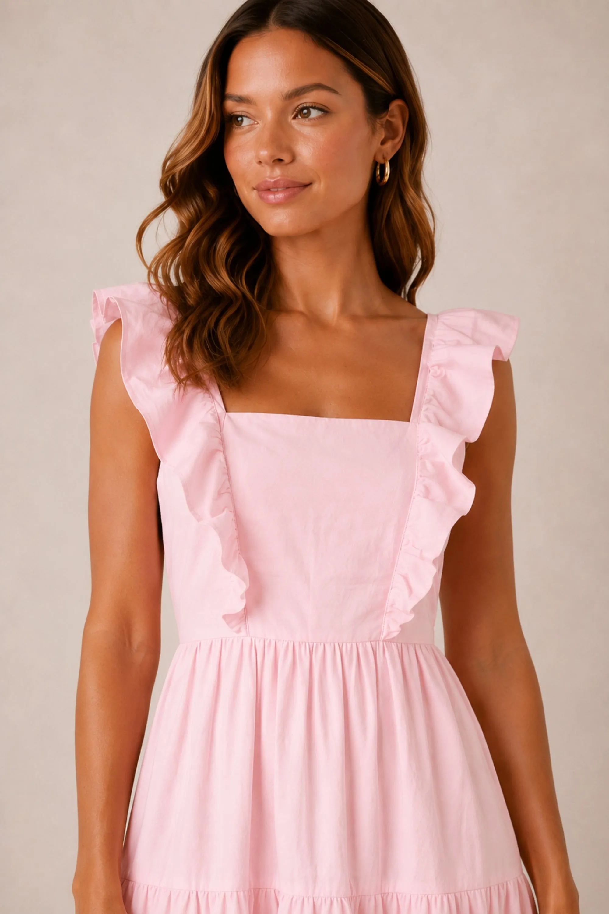 Mollie Cotton Ruffle Tiered Midi Dress warna pink elegan dari Joy368
