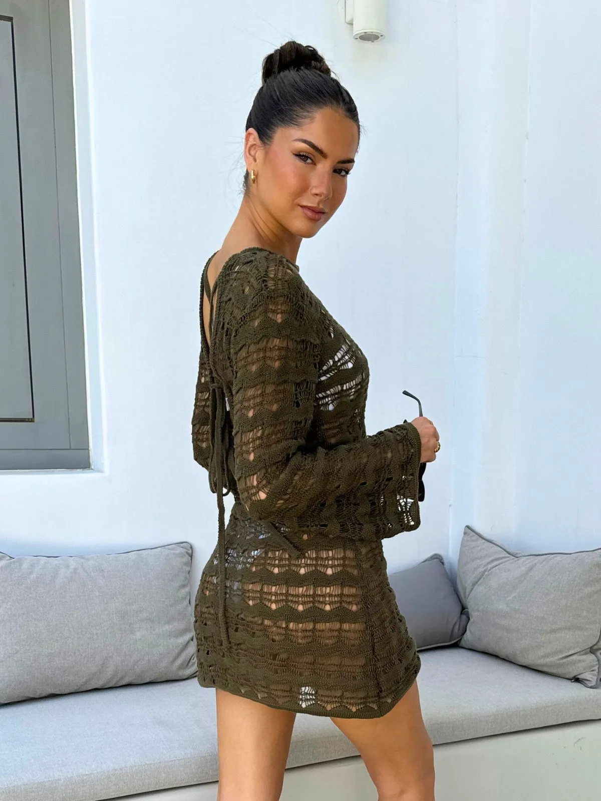 Ocean Long Sleeve Lace Back Mini Dress Khaki dari Joy368 dengan detail punggung renda