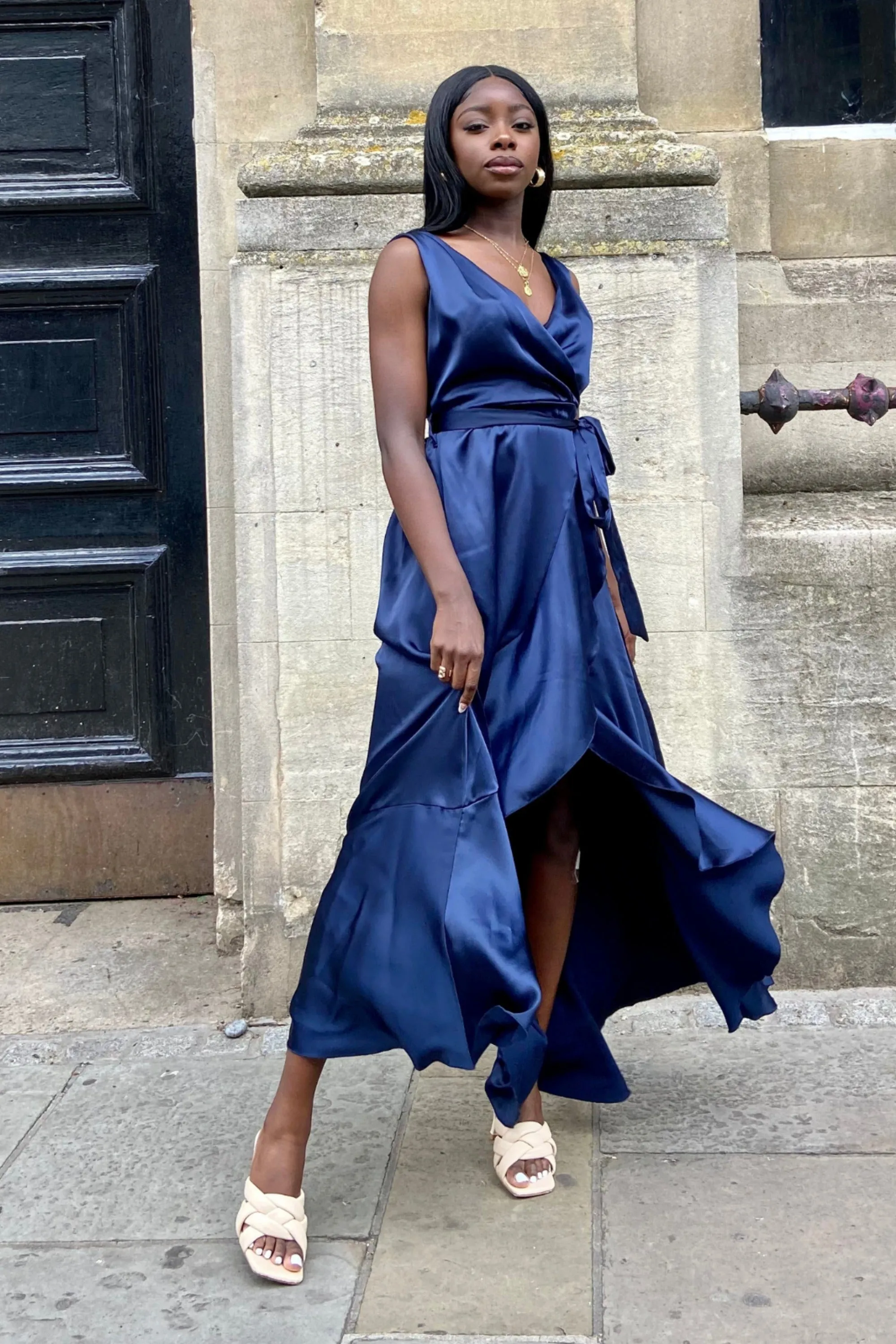 Orla Navy Satin Wrap Midi Dress elegan dari Joy368 untuk acara formal dan pesta