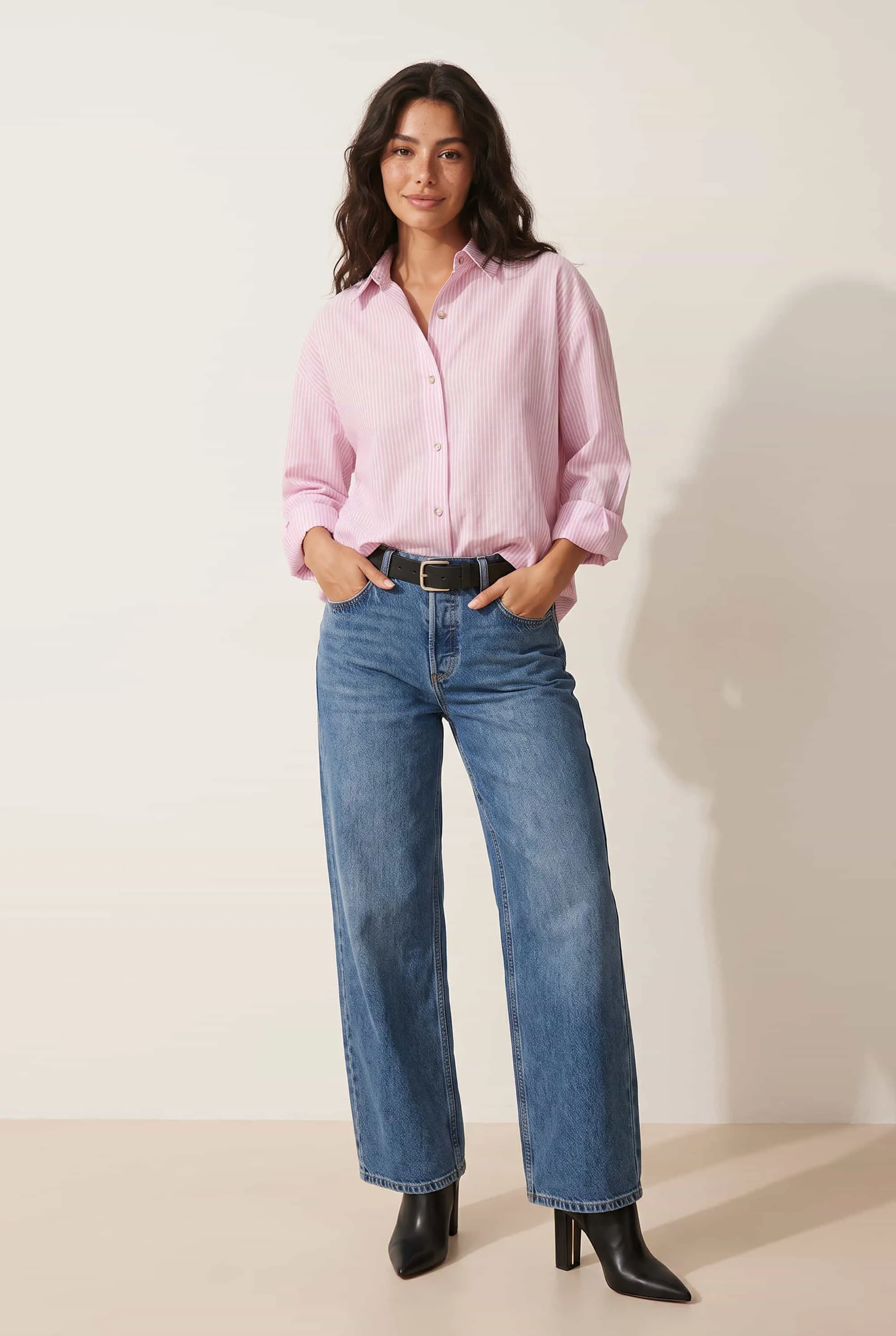 Pink Oversized Pinstripe Shirt dari Joy368