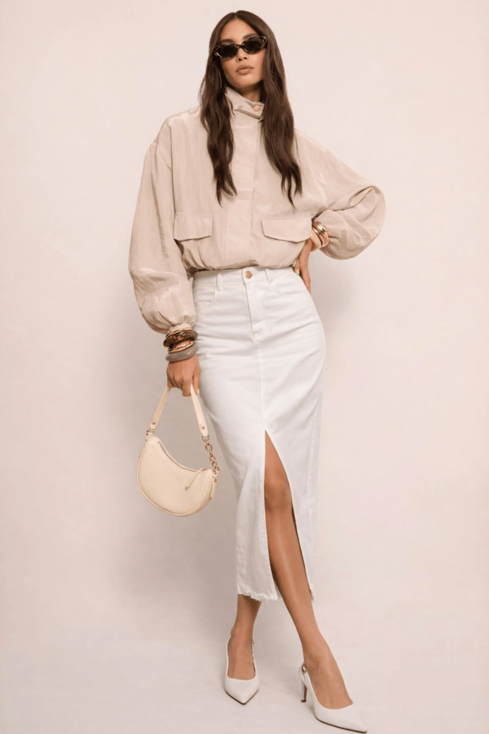 Piper Midi Twill Skirt warna putih elegan dari koleksi fashion wanita Joy368