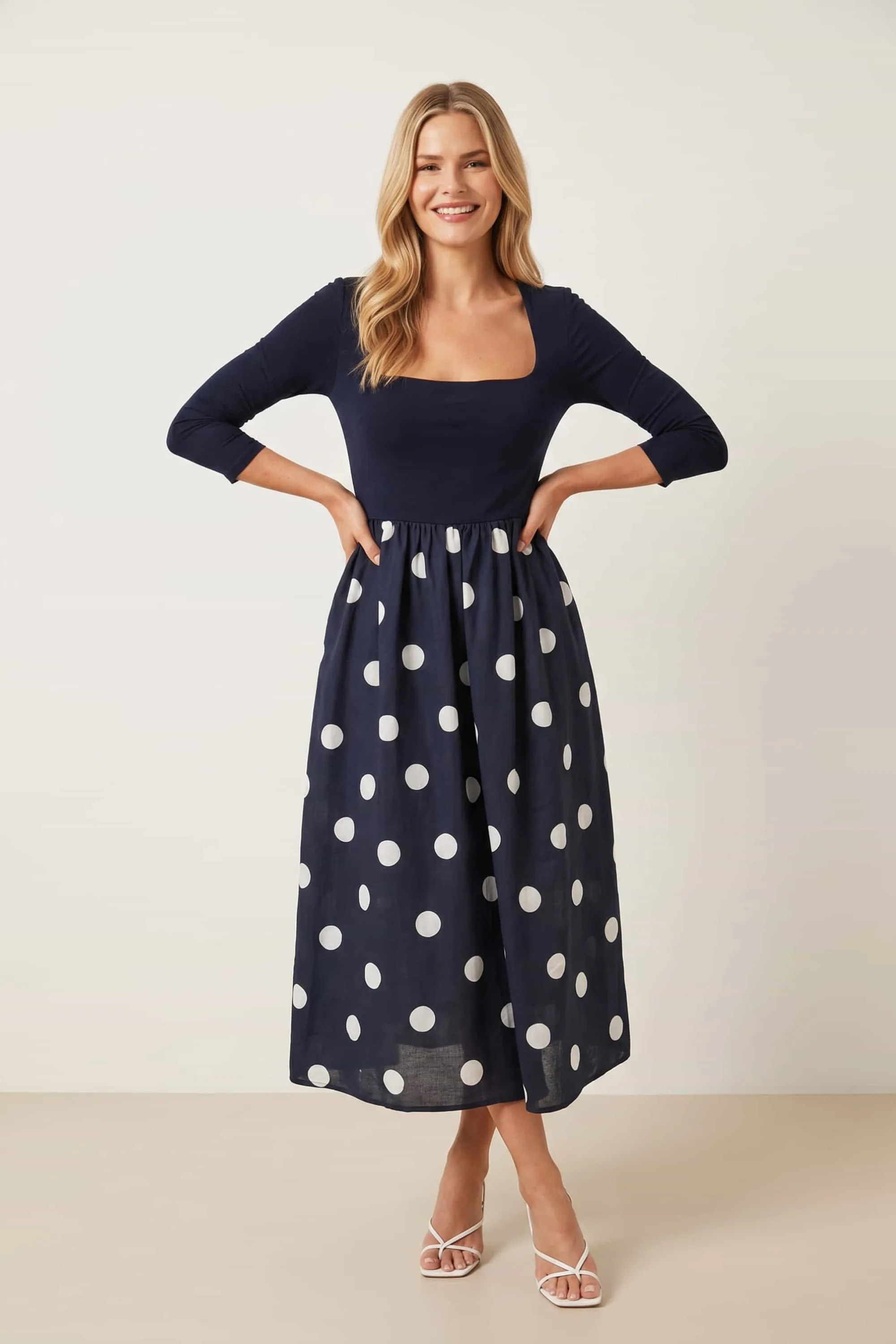 Sadie Navy and Cream Polka Dot Dress koleksi Joy368