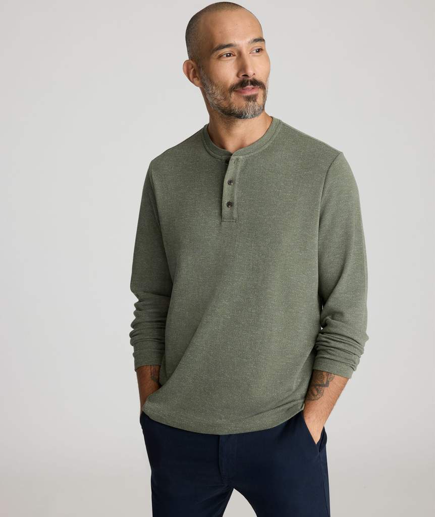 Stretch Cotton Herringbone Henley - Beetle Green