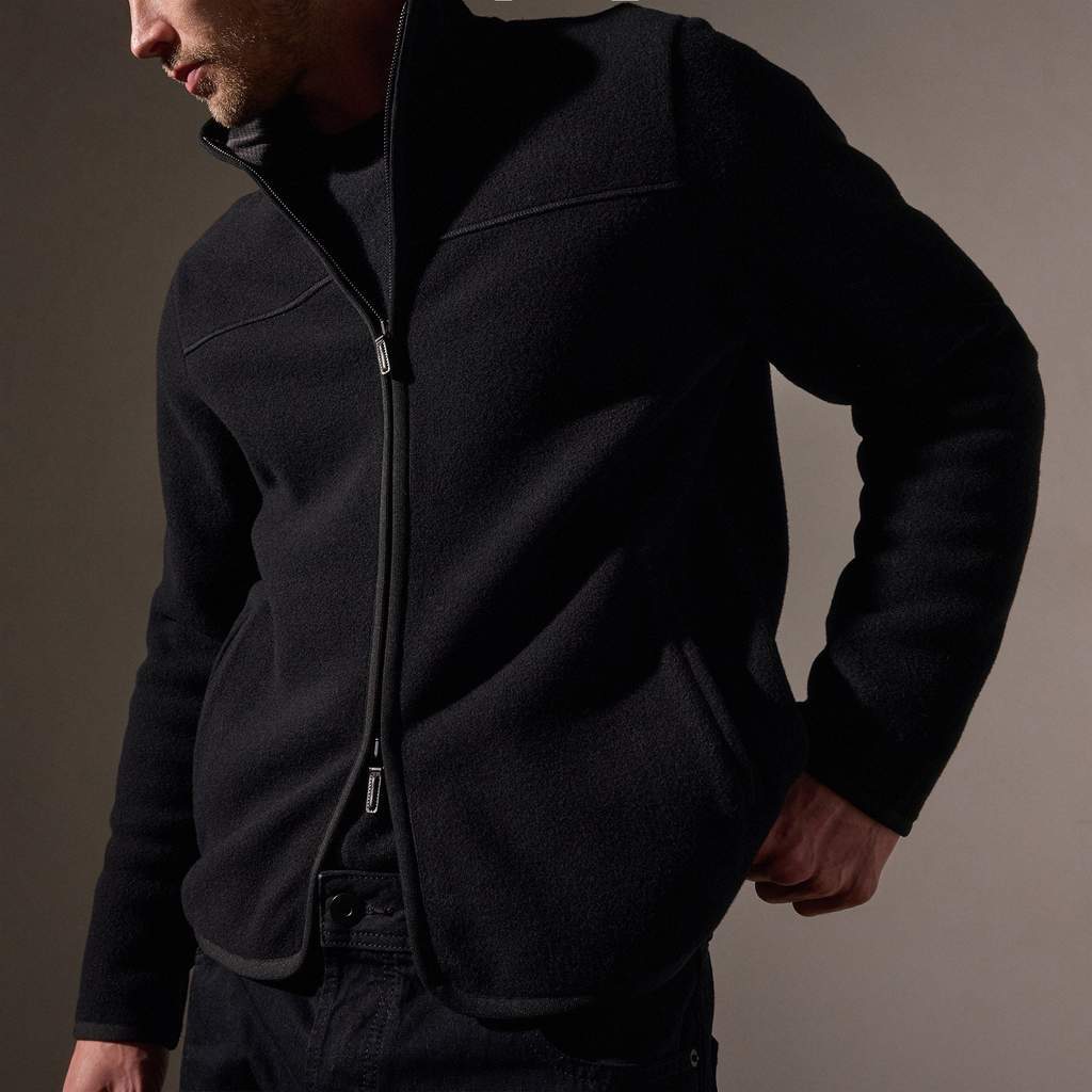 Wool Jersey Zip Front Funnel Neck - Black/Black